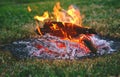 Flame of a fire burning in the dark night and the burning coals that give warmth to the hearth in the wild. Royalty Free Stock Photo