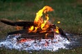 Flame of a fire burning in the dark night and the burning coals that give warmth to the hearth in the wild. Royalty Free Stock Photo