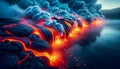 a flame flow surface smoke lava magma molten scorch volcanic steam active hot flames erupt volcano fire erupting Hawaii burn Royalty Free Stock Photo