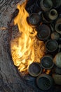 Flame through the flue in the earthen chamber of an ancient pit kiln replica filled with pottery pieces Royalty Free Stock Photo