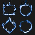 Flame frame, blue square circle shapes, realistic burning fire vector set Royalty Free Stock Photo