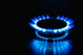 Flame of a gas burner on a black background. Combustion of Natural gas on a black background. Gas stove. Gas stove burner on fire