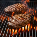 Flame grilled beef and chicken steaks on the barbecue