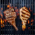 Flame grilled beef and chicken steaks on the barbecue