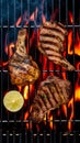 Flame grilled beef and chicken steaks on the barbecue