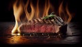 Flame grilled beef steak sizzling on wood barbecue generated by AI Royalty Free Stock Photo