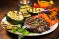 flame grilled burger with a side of grilled vegetables