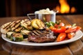 flame grilled burger with a side of grilled vegetables