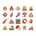 flame hot fire burn bonfire heat icons set vector