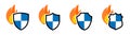 Flame icon behind shield, different versions. Protection from burning or fire security concept