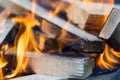 Flame incinerates firewood and transforms it ashes, close up, shallow depth of field. Blaze in a large stove. Nature