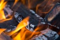 Flame incinerates firewood and transforms it ashes, close up, shallow depth of field. Blaze in a large stove. Nature