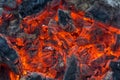 Flame incinerates firewood and transforms it ashes, close up, shallow depth of field. Blaze in a large stove. Nature