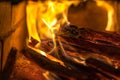 Flame incinerates firewood and transforms it ashes, close up, shallow depth of field. Blaze in a large stove. Nature