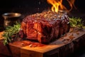 Flame-Kissed Flavor at Its Finest, Sliced Rib-Eye Steak Cooked to Perfection Presented on a Wooden Serving Board