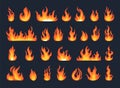 Flame set, fire burn. Fireball heat, hell or hot red elements, flammable ignition silhouette, bonfire motion icons