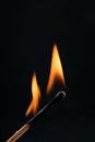 Flame on a small match. Glowing match in flames