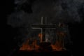 Flame and smoke burning cross on a black and dark background
