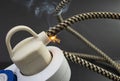 flame smoke and sparks on an electrical cable with fabric insulation, fire hazard concept Royalty Free Stock Photo