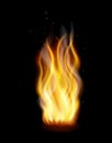 Flame with sparks on black background, fire is burning, bonfire, fire for design Royalty Free Stock Photo