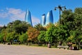 Flame towers and seafront of Baku, Azerbaijan Royalty Free Stock Photo