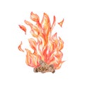 Flame watercolor illustration, red fire, bonfire isolated