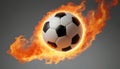 Flamed flying soccer ball isolated on opaque grey background. Soccer ball with dynamite bursting in the background, Explosion