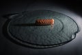 Flamed salmon roll in a glass dish