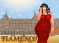 Flamenco dance Spanish xxl woman with a fan, vip card, vector