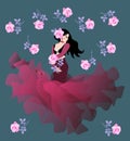 Flamenco dancer girl, dressed in a cherry-colored dress with a hem that looks like a bird flying up, stands with a light pink rose