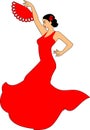 Flamenco dancer in red dress and with red fan in her raised hand