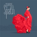 Flamenco dancer in red dress in visit Spain concept vector illustration