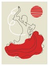 Flamenco dancer vector illustration. Spanish girl. Modern line art poster