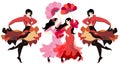 Flamenco dancers, isolated on white background in vector. Women dressed in long dresses and with fans in their hands, and men Royalty Free Stock Photo