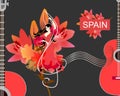 Flamenco girl dancer in red dress, treble clef and musical rulers, guitars silhouettes and large lilies flowers