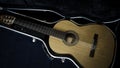 Flamenco guitar in a black case on a dark blue background. An open case with a guitar. Royalty Free Stock Photo