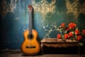 flamenco guitar resting against a traditional backdrop