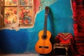 flamenco guitar resting against a vibrant backdrop