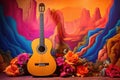 flamenco guitar resting against a vibrant backdrop