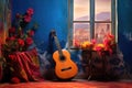 flamenco guitar resting against a vibrant backdrop