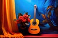 flamenco guitar resting against a vibrant backdrop