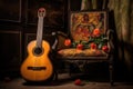 flamenco guitar resting on a traditional chair