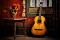 flamenco guitar resting on a traditional chair