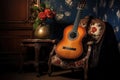 flamenco guitar resting on a traditional chair