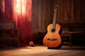 flamenco guitar resting on a wooden floor