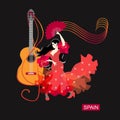 Flamenco logo. Spanish girl dressed in red dress with ruffles on sleeves in form of roses and with fan in her hand dancing