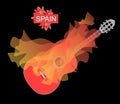 Flamenco logo. Transparent flying shawl, bright as a flame, over a red guitar on a deep black background.