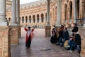 Flamenco music group and dancers performing at the Plaza de Espana in Seville during coronavirus times