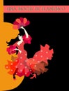 Flamenco night inscription in Spanish. Graceful woman dressed in red dress and with fan in her hand dancing