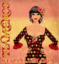 Flamenco Spain love girl, vintage card with spanish flag colors